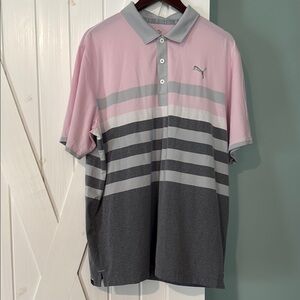 Puma Men's Polo Shirt in Pink and Gray Stripes
